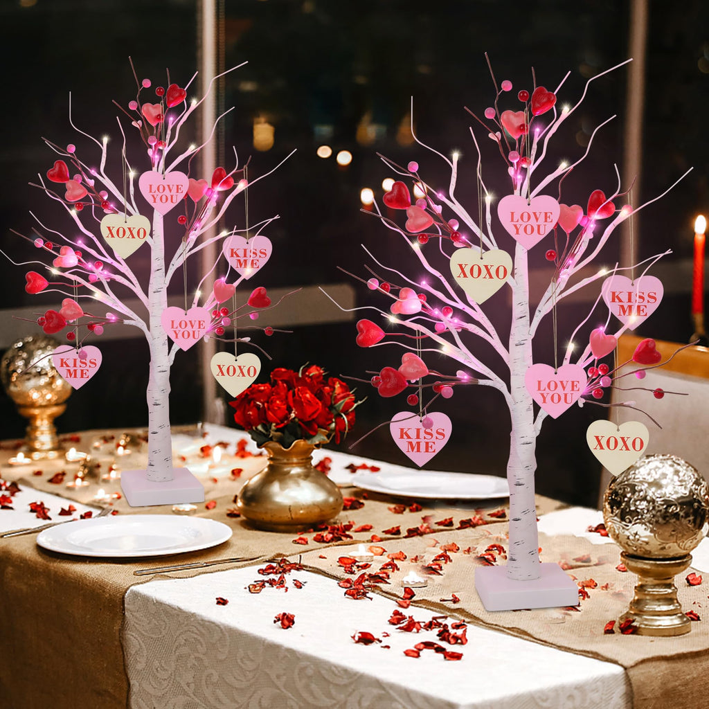 DR.DUDU 2Pcs 24 Inch Valentines Day Birch Tree Lights Artificial Branch Tree Hanging Heart Ornaments Pre-Lit Tabletop Bonsai Tree Light Lighted Branches for Home Wedding Party Table Mantle Decor
