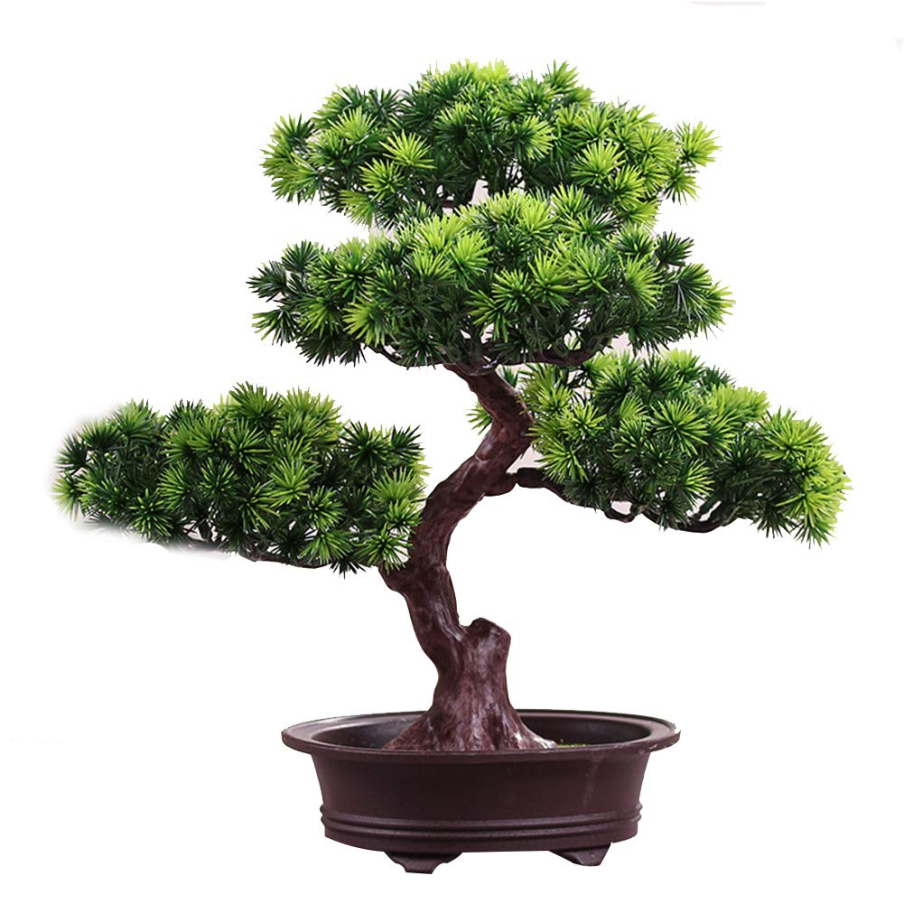 KOET Artificial Bonsai Pine Tree 11Inch Faux Potted Plant Desk Display Fake Tree Pot Ornaments Japanese Cedar Bonsai Plant for Home Office Decoration